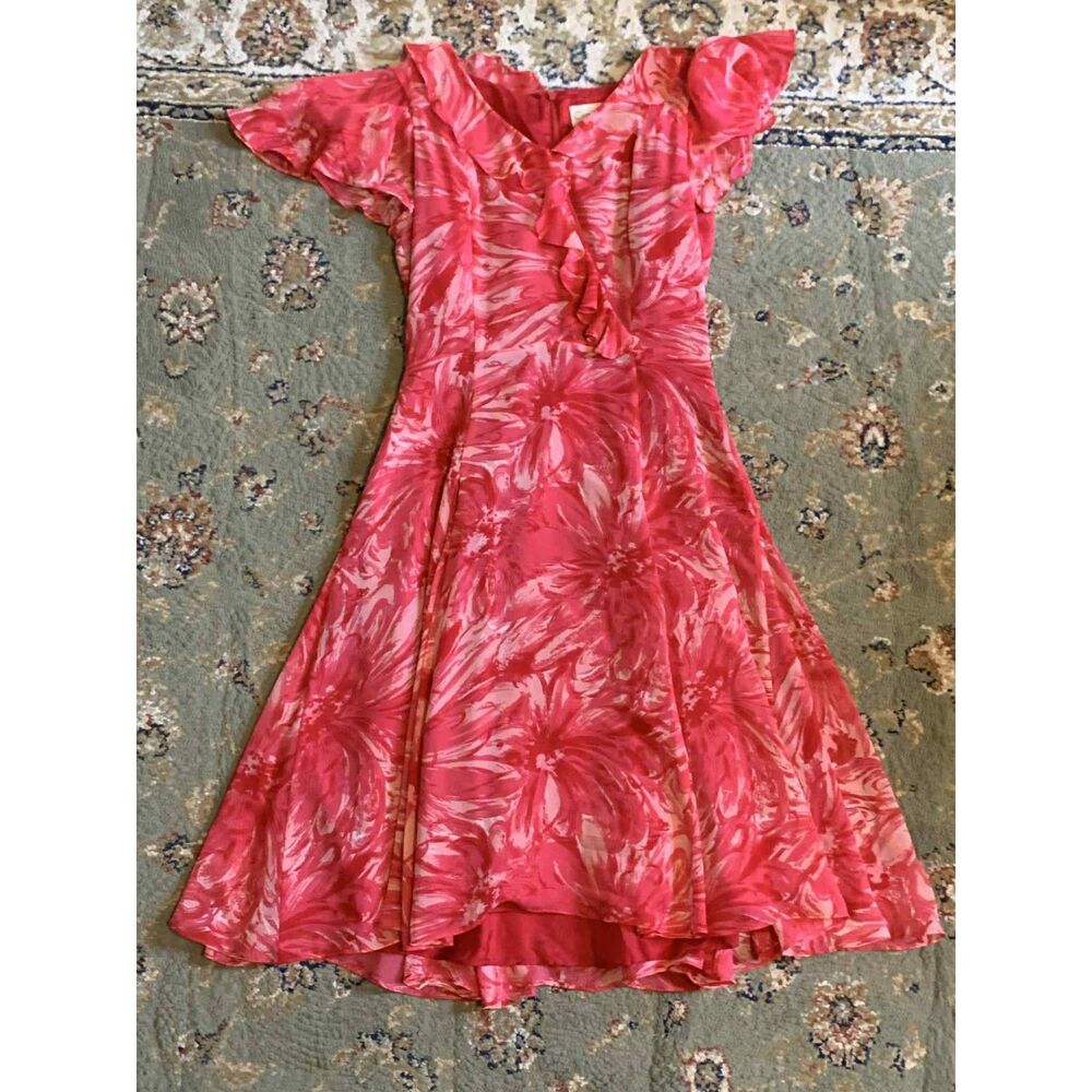Carrie Hutton Vintage 100% Silk Pink Red Floral Cap Sleeve Midi Dress, size 8